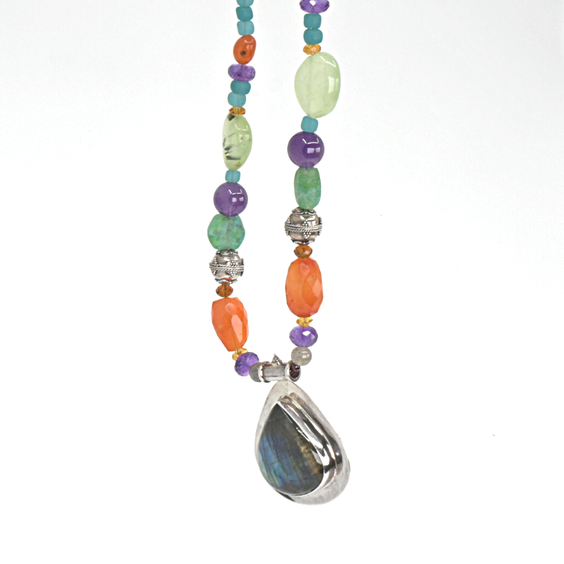 Long beaded necklace with silver and Labradorite pendant, carnelian, amethyst and prehnite stones and silver beads and Indonesian recycled glass beads. Designed and handcrafted by Ula Frou creator Sadie Hodson on Salt Spring Island.